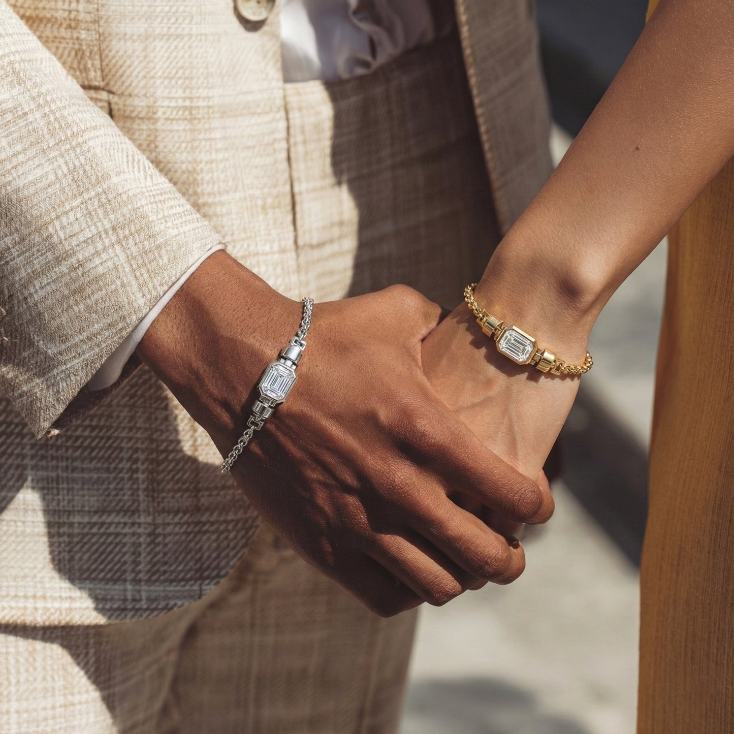 Jubilee 1.6 carat Emerald Cut Diamond with gold chain links in 18 carat Gold