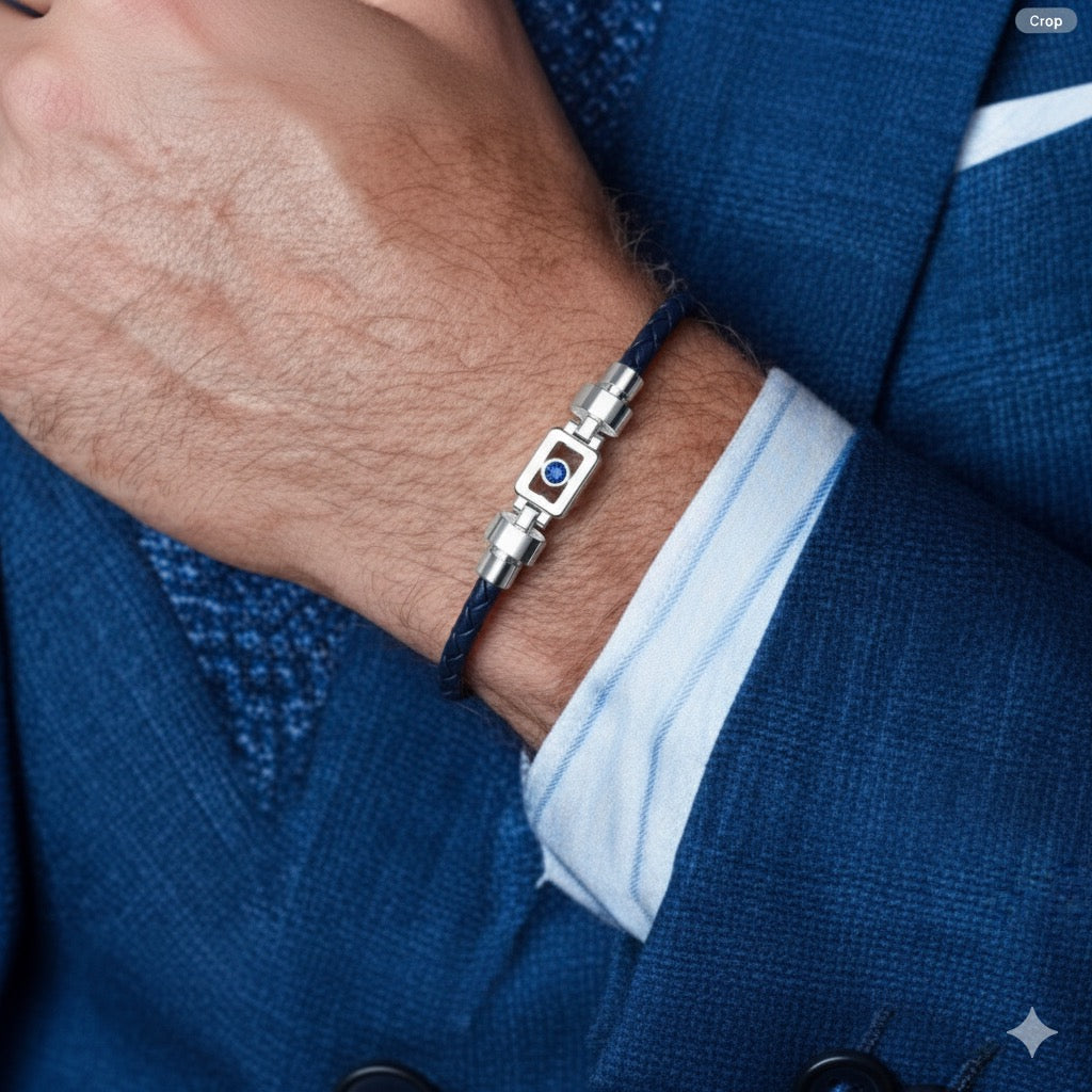 Blue Sapphire 925 Silver with Weaved Calf Leather XOXO Bracelet