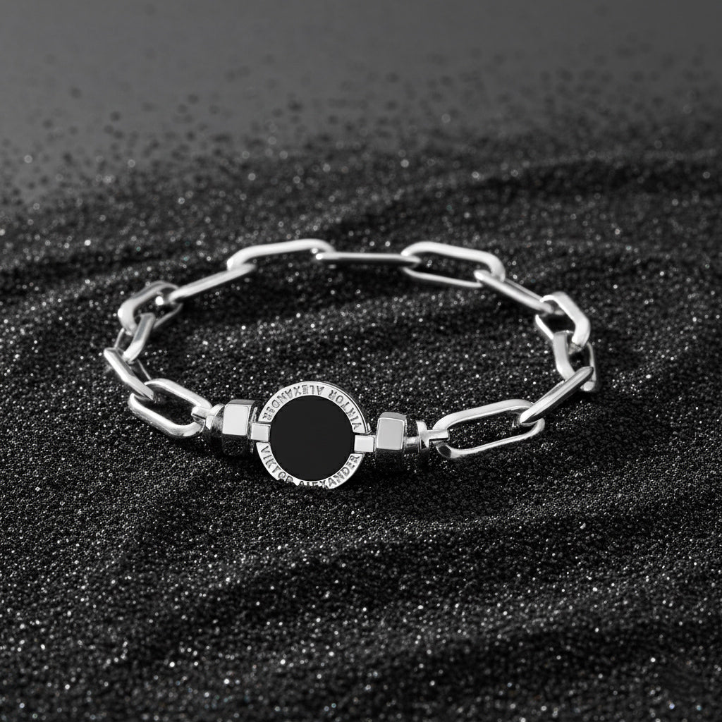 1889 Black Spinel 925 Silver Chain Link Bracelet