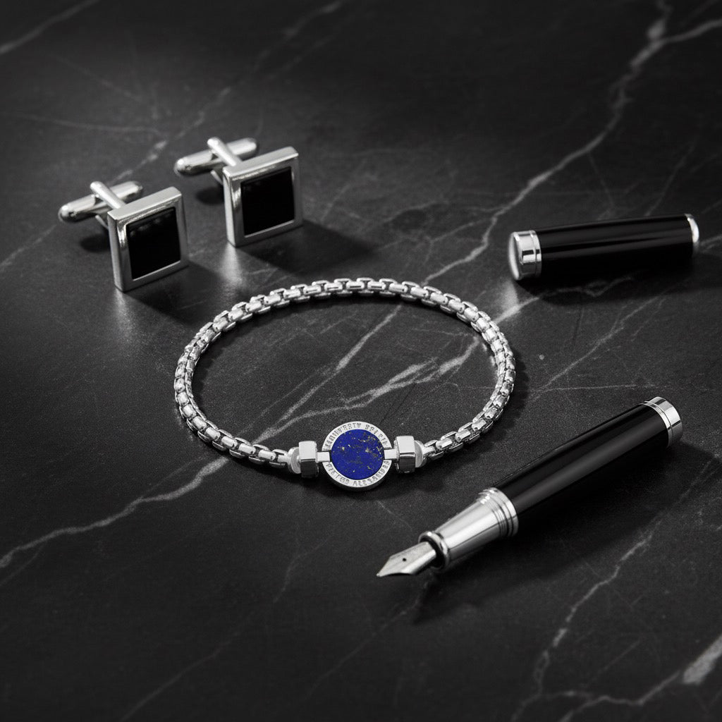 1889 Lapis Lazuli 925 Silver Chain Link Bracelet