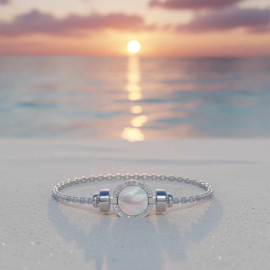 1889 Mother of Pearl 925 Silver Chain Link Bracelet