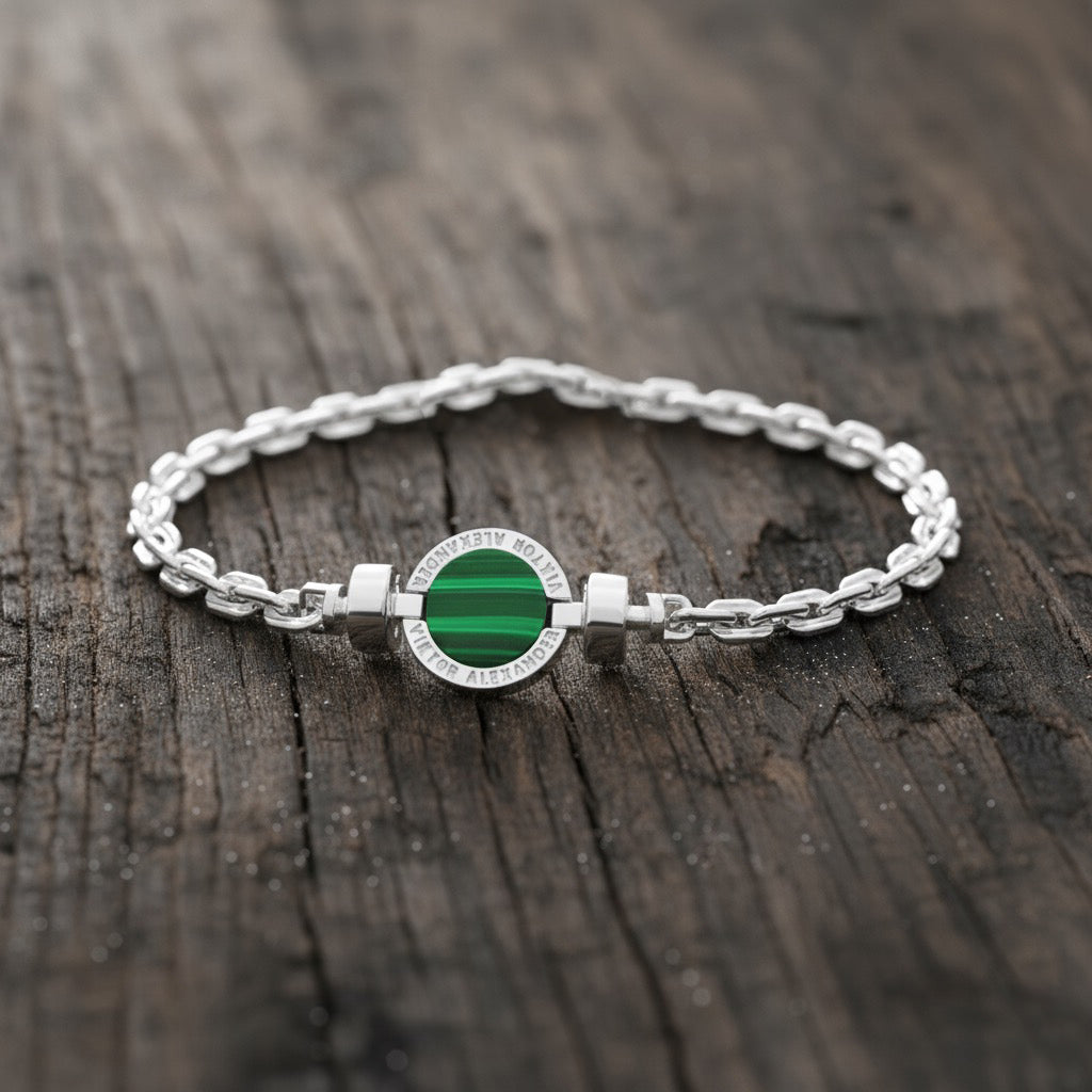 1889 Malachite 925 Silver Chain Link Bracelet