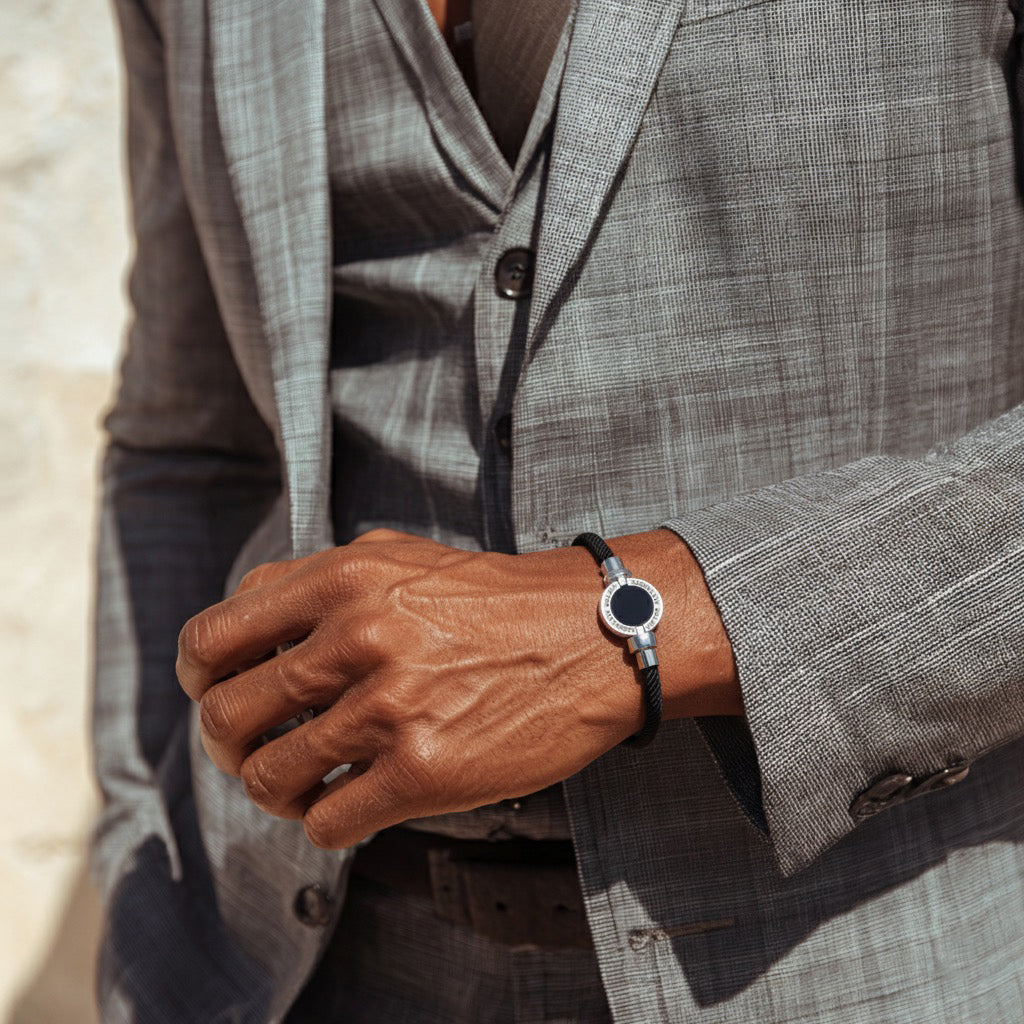 1889 Black Spinel 925 Silver Italian Nylon Bracelet