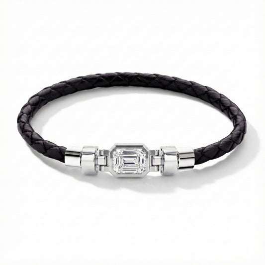 Jubilee 1.6 carat Emerald Cut Diamond with Braided Calf Leather in 18 carat Gold