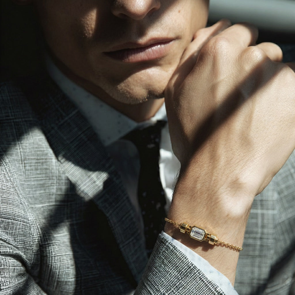 Jubilee 1.6 carat Emerald Cut Diamond with gold chain links in 18 carat Gold